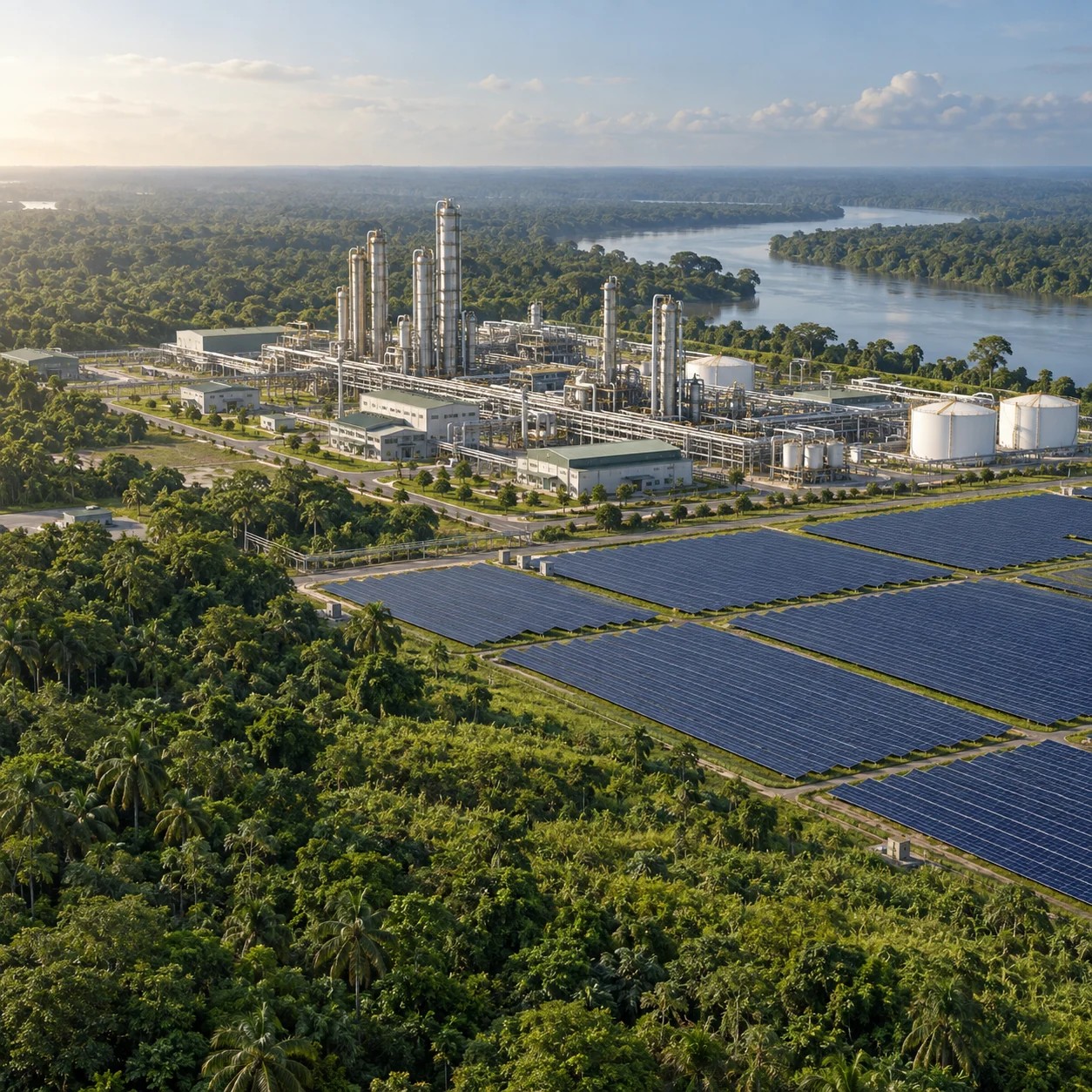 New concept visualisation of a proposed green methanol campus beside solar arrays, tropical forest and a river in Nigeria.