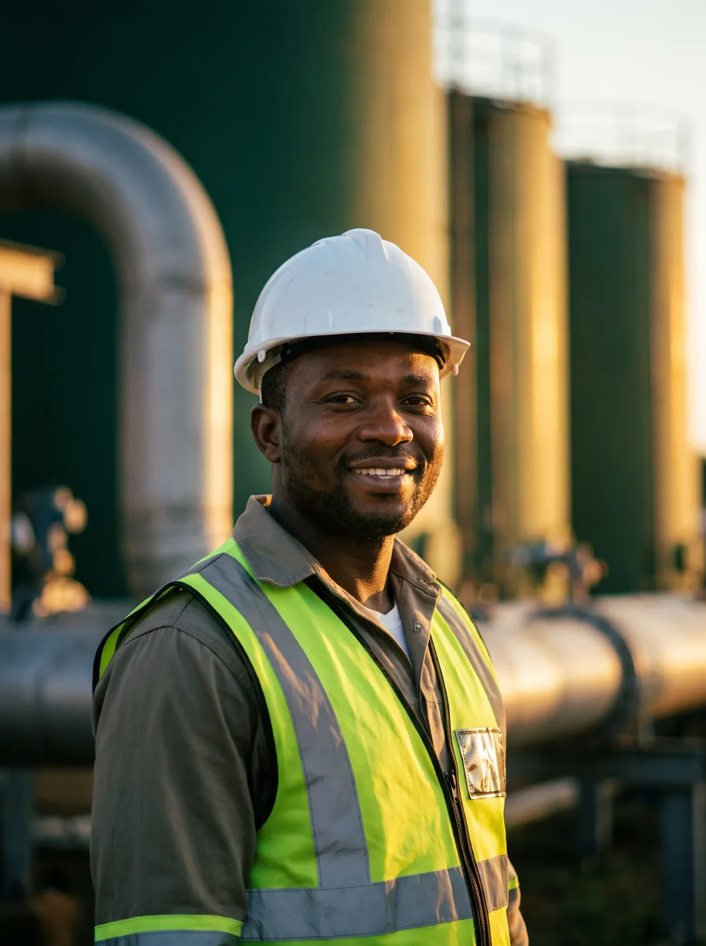 An African engineer wearing a hard hat and high-visibility vest at an industrial facility.