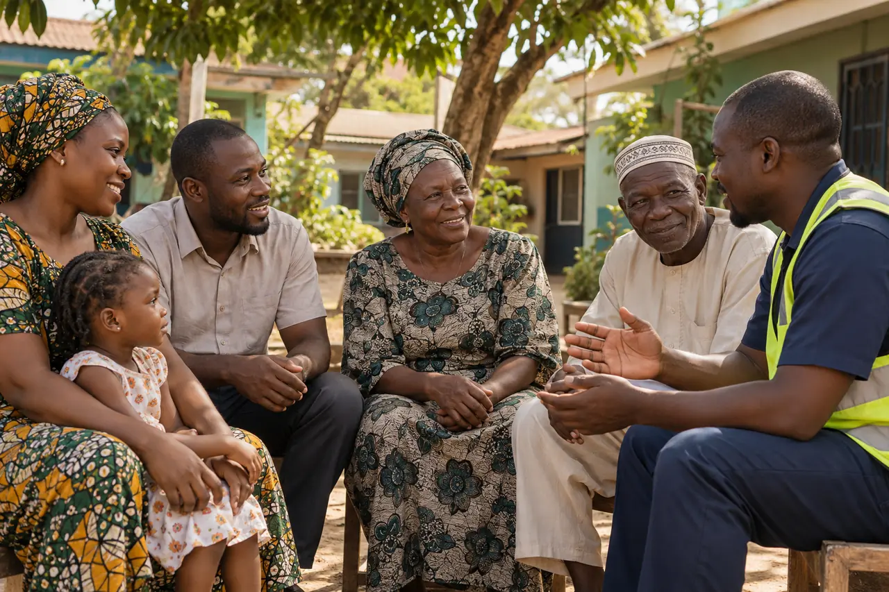 Illustration of Nigerian families and community members in conversation with a project representative