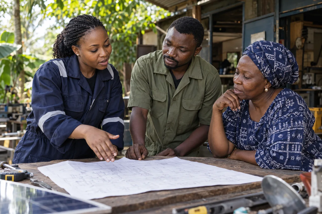 Illustrative collaboration between Nigerian community members and an engineer at a local workshop