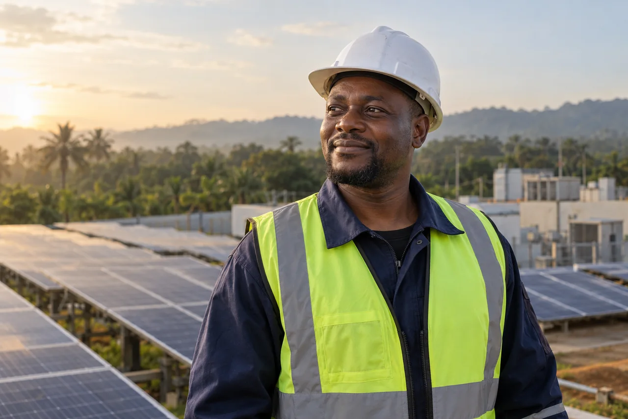 Illustrative portrait of a Nigerian engineer at a clean-energy facility