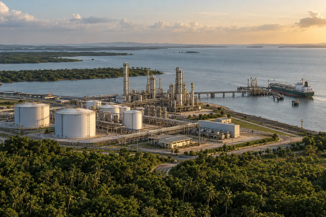 Illustrative concept of a methanol production and export terminal beside the Nigerian coast
