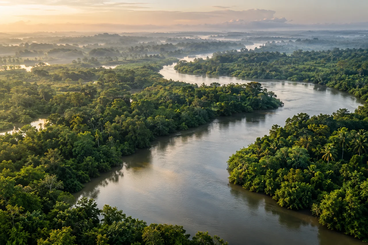Illustrative aerial view of a river winding through a green Nigerian landscape