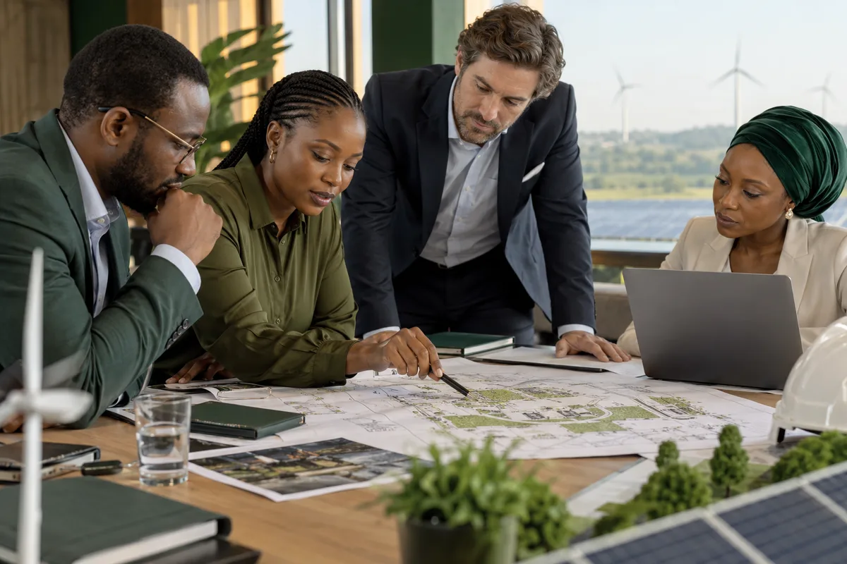 Illustrative discussion between professionals reviewing energy project plans and documents.