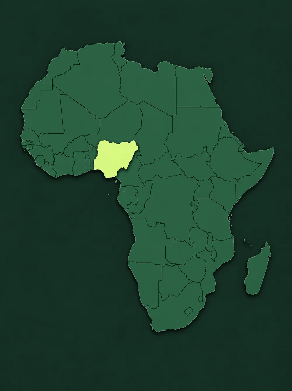 Illustrative map of Africa with Nigeria highlighted in West Africa.