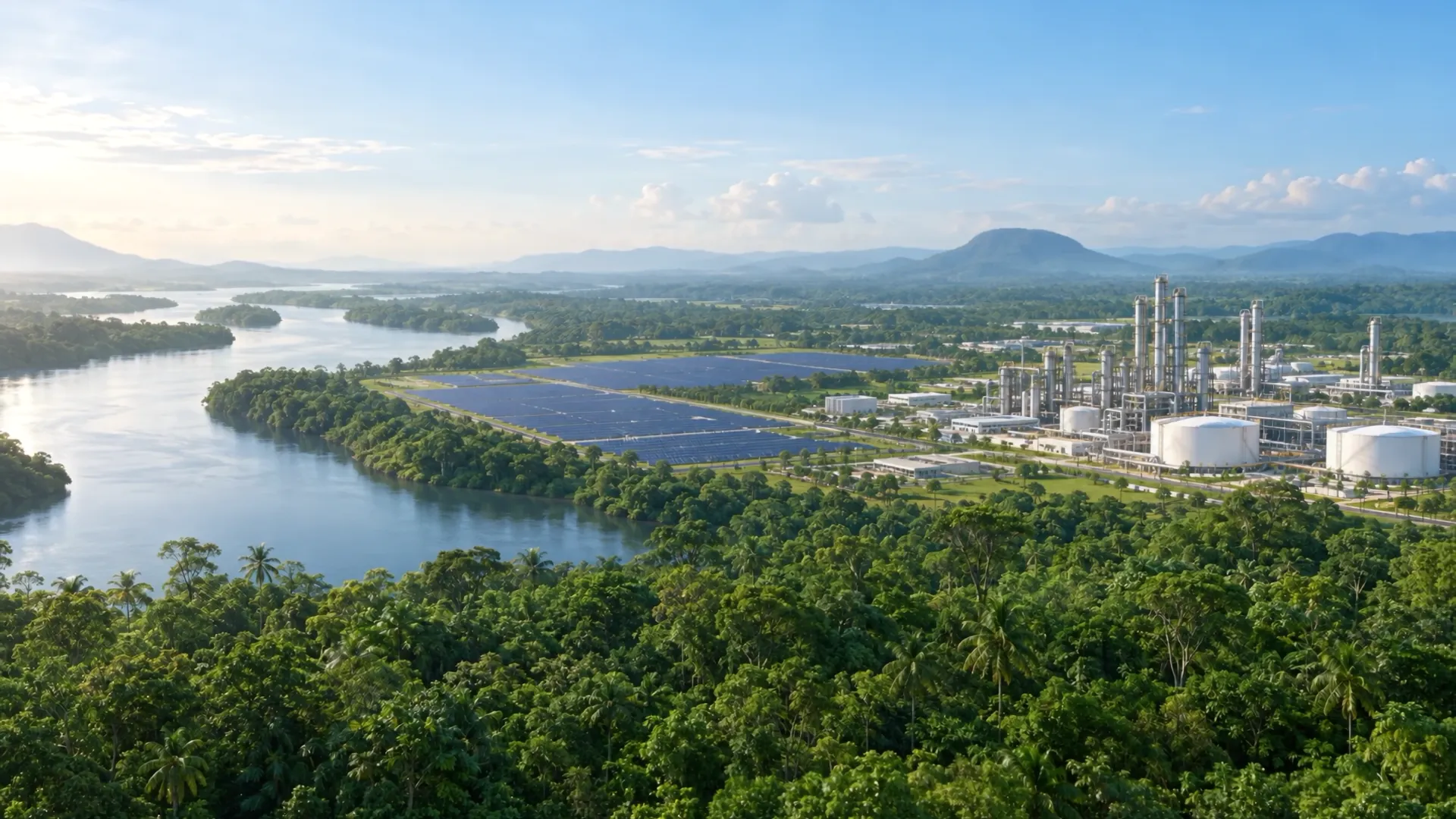 Project Green's proposed energy and methanol platform beside a river in a green landscape