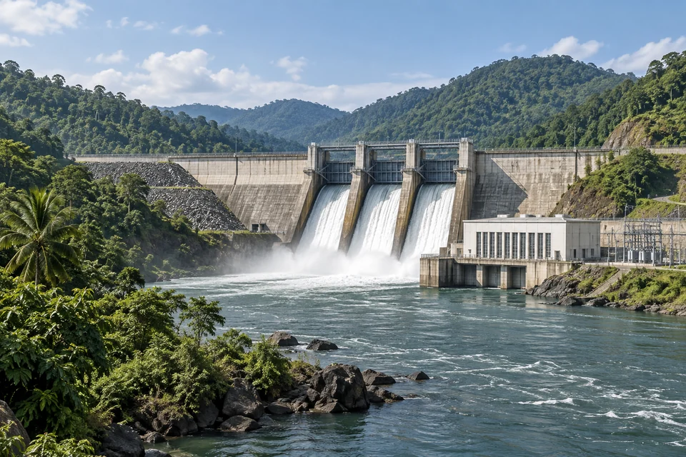 Concept view of a hydropower dam in a green landscape