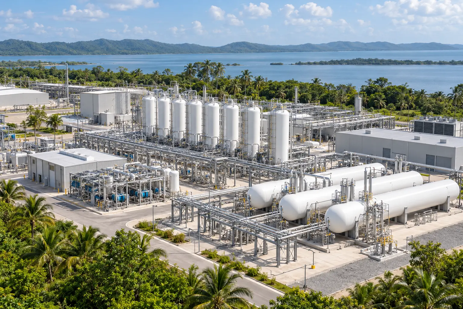 Hydrogen processing and storage facility surrounded by tropical greenery